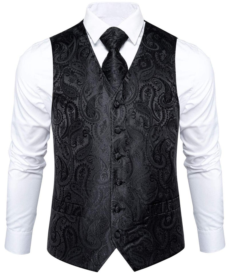 DiBanGu Black Formal Vest for Men Paisley Suit Vest and Tie Set with Hanky Cufflinks 4 Pcs Silk Waistcoat and Necktie Sets - Image 2